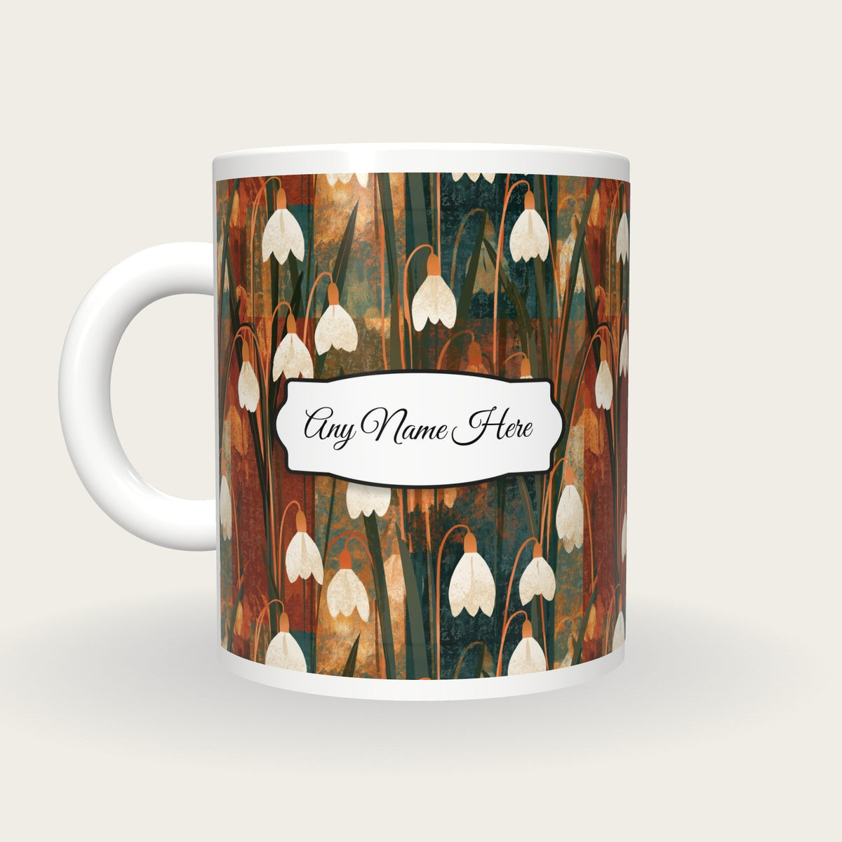 Screenprint Snowdrops Earth Name Mug, back with the second name label