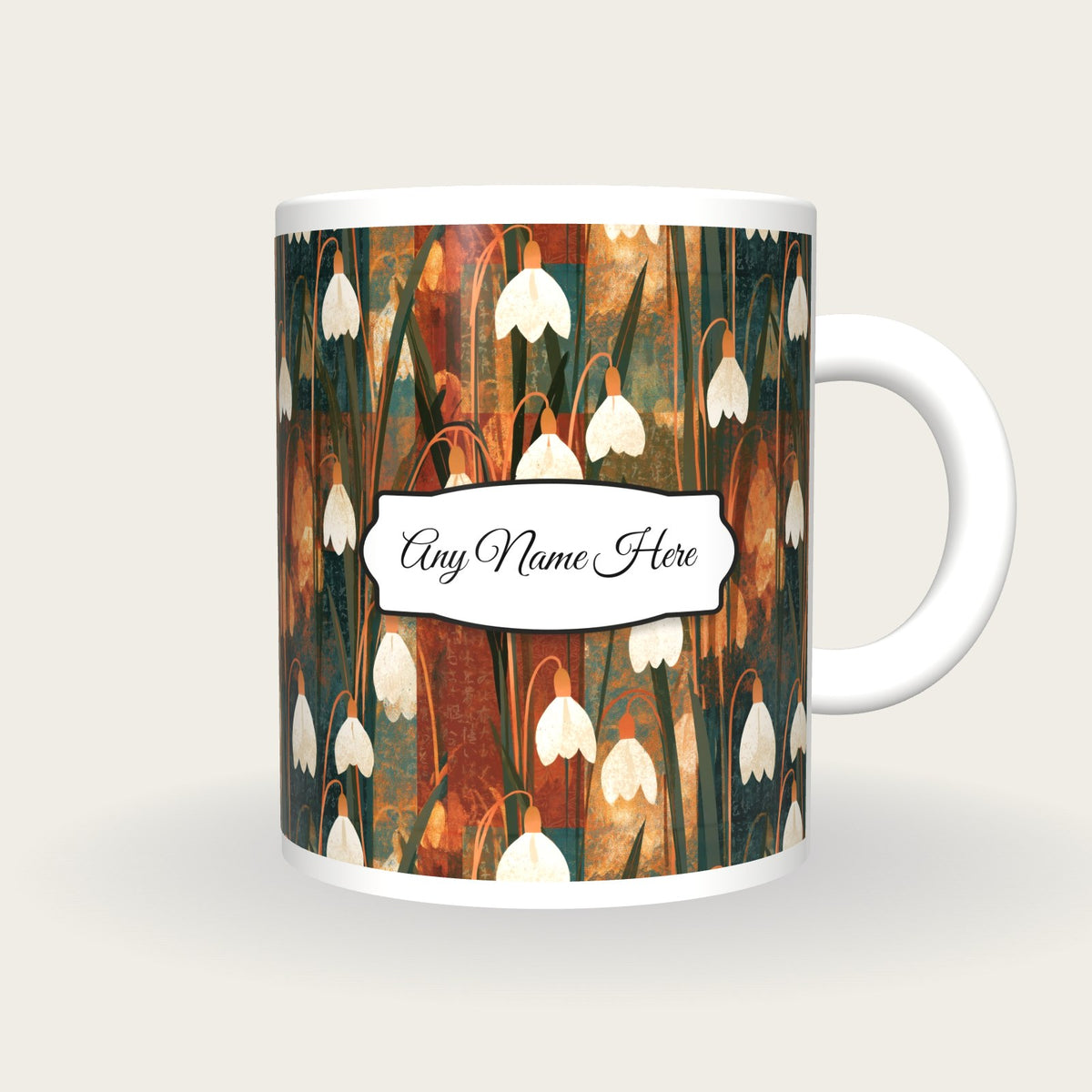 Screenprint Snowdrops Earth Name Mug, front with the name label