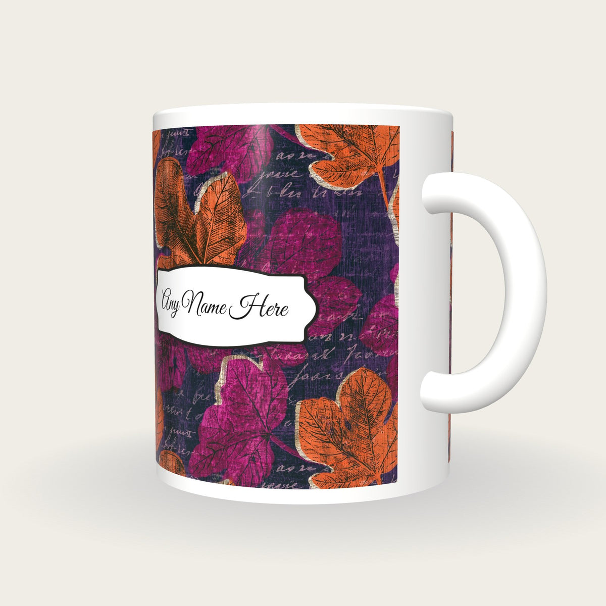 Woodcut Fig Leaves Name Mug 2, three-quarter view