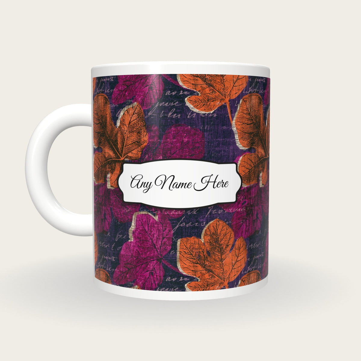Woodcut Fig Leaves Name Mug 2, back with the second name label