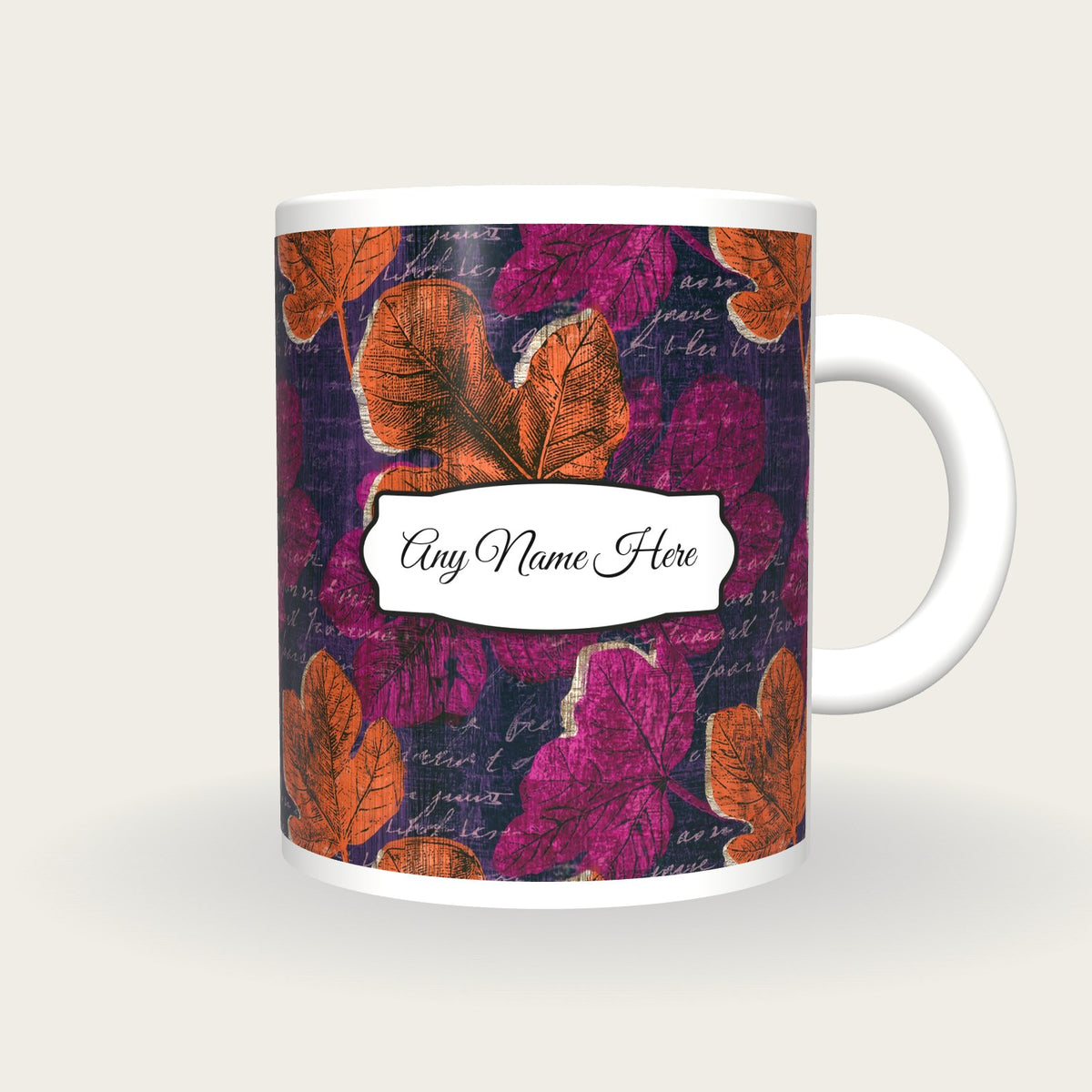 Woodcut Fig Leaves Name Mug 2, front with the name label