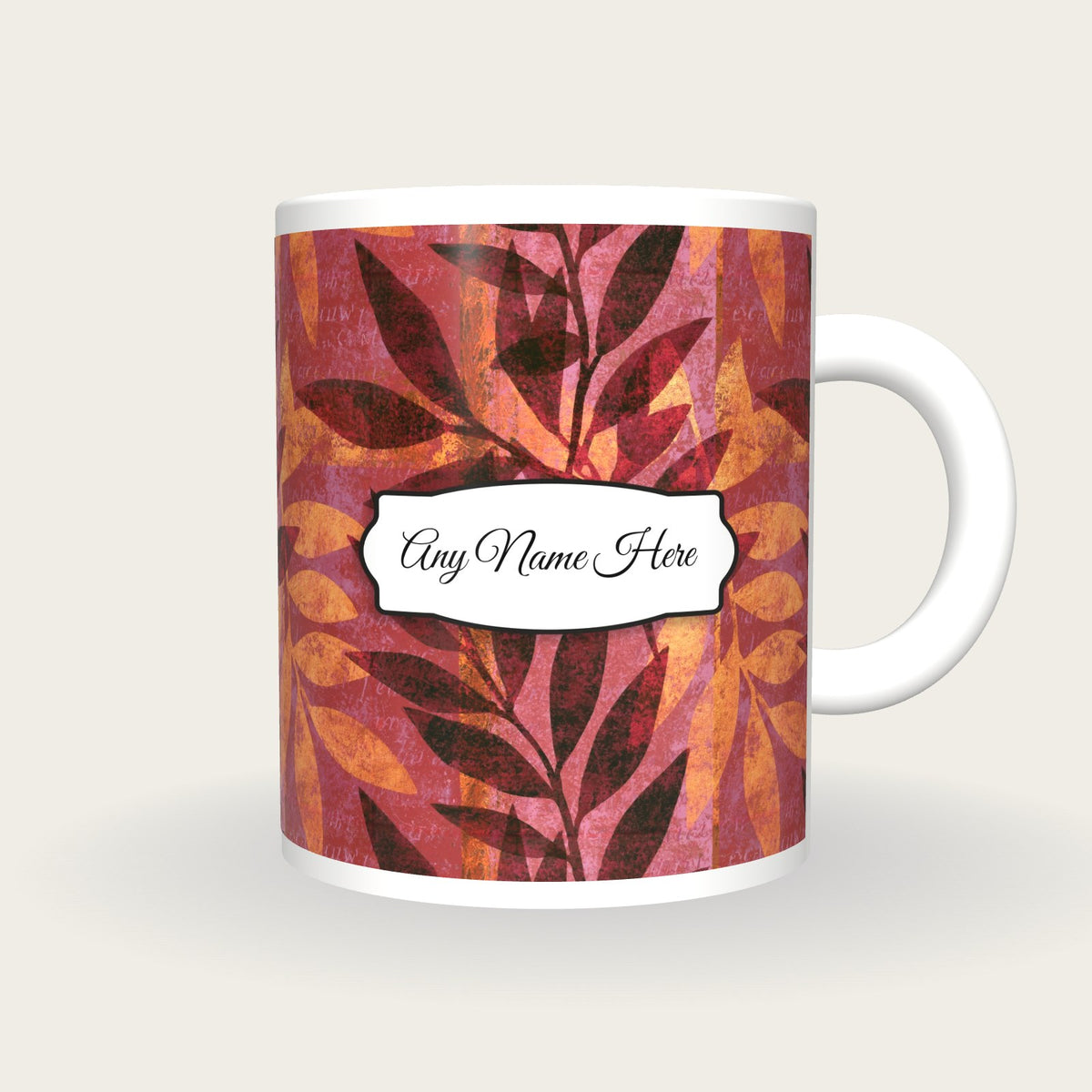 Layered Olive Branches Name Mug, front with the name label