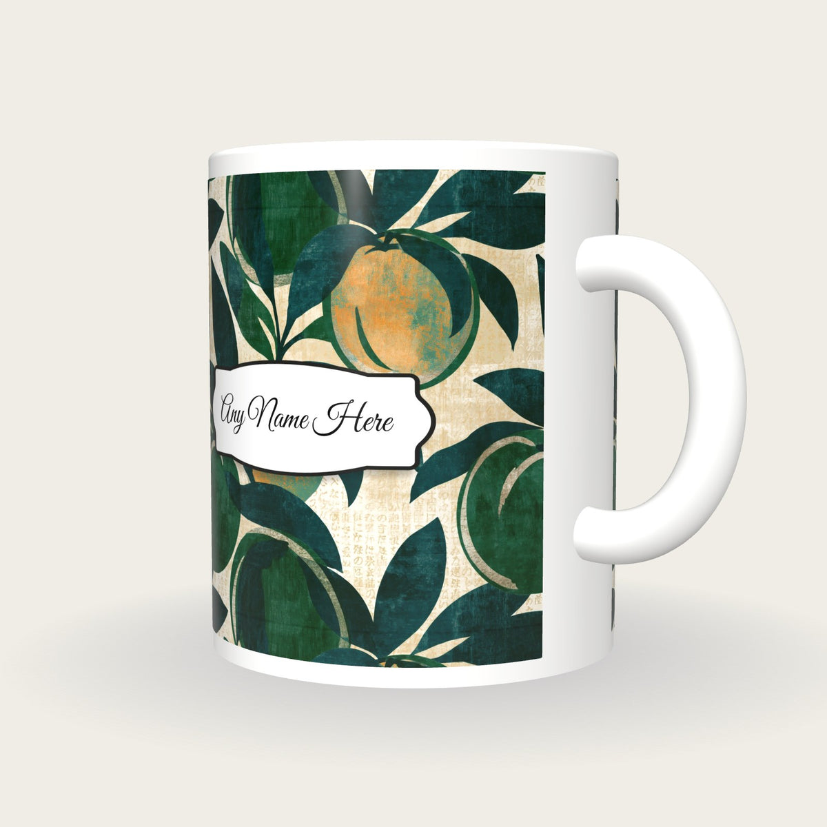Screenprint Peaches Name Mug, three-quarter view