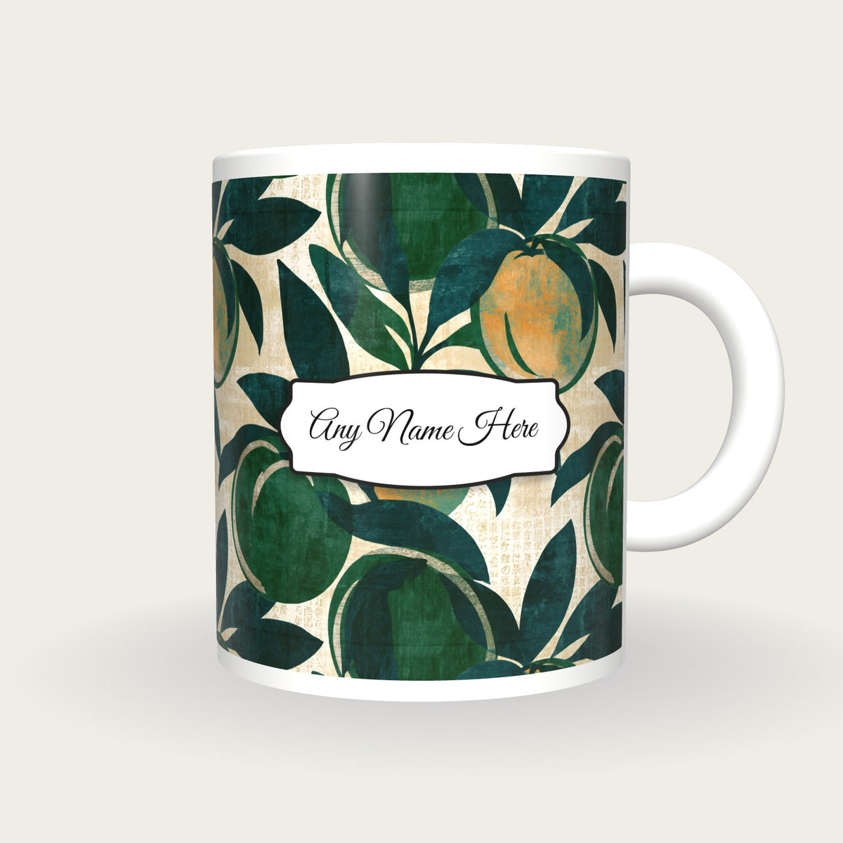 Screenprint Peaches Name Mug, front with the name label