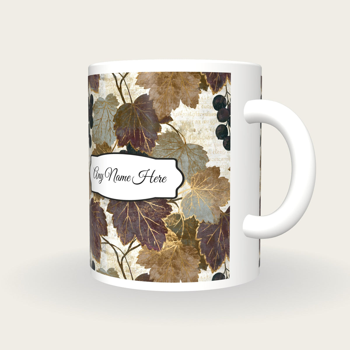 Woodblock Currants Name Mug, three-quarter view