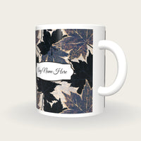 Woodcut Maple Leaves Name Mug 2, three-quarter view