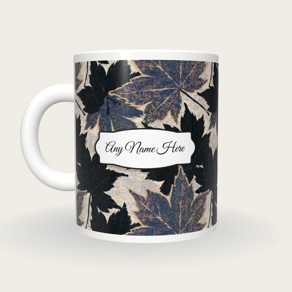 Woodcut Maple Leaves Name Mug 2, back with the second name label