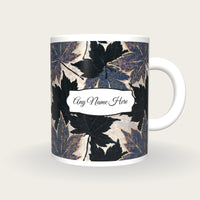 Woodcut Maple Leaves Name Mug 2, front with the name label