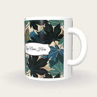 Woodcut Maple Leaves Name Mug 3, three-quarter view