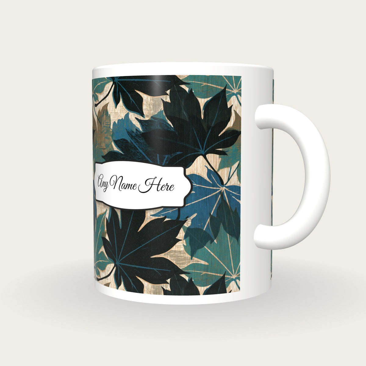 Woodcut Maple Leaves Name Mug 3, three-quarter view