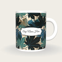 Woodcut Maple Leaves Name Mug 3, front with the name label