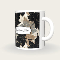 Woodcut Maple Leaves Name Mug, three-quarter view