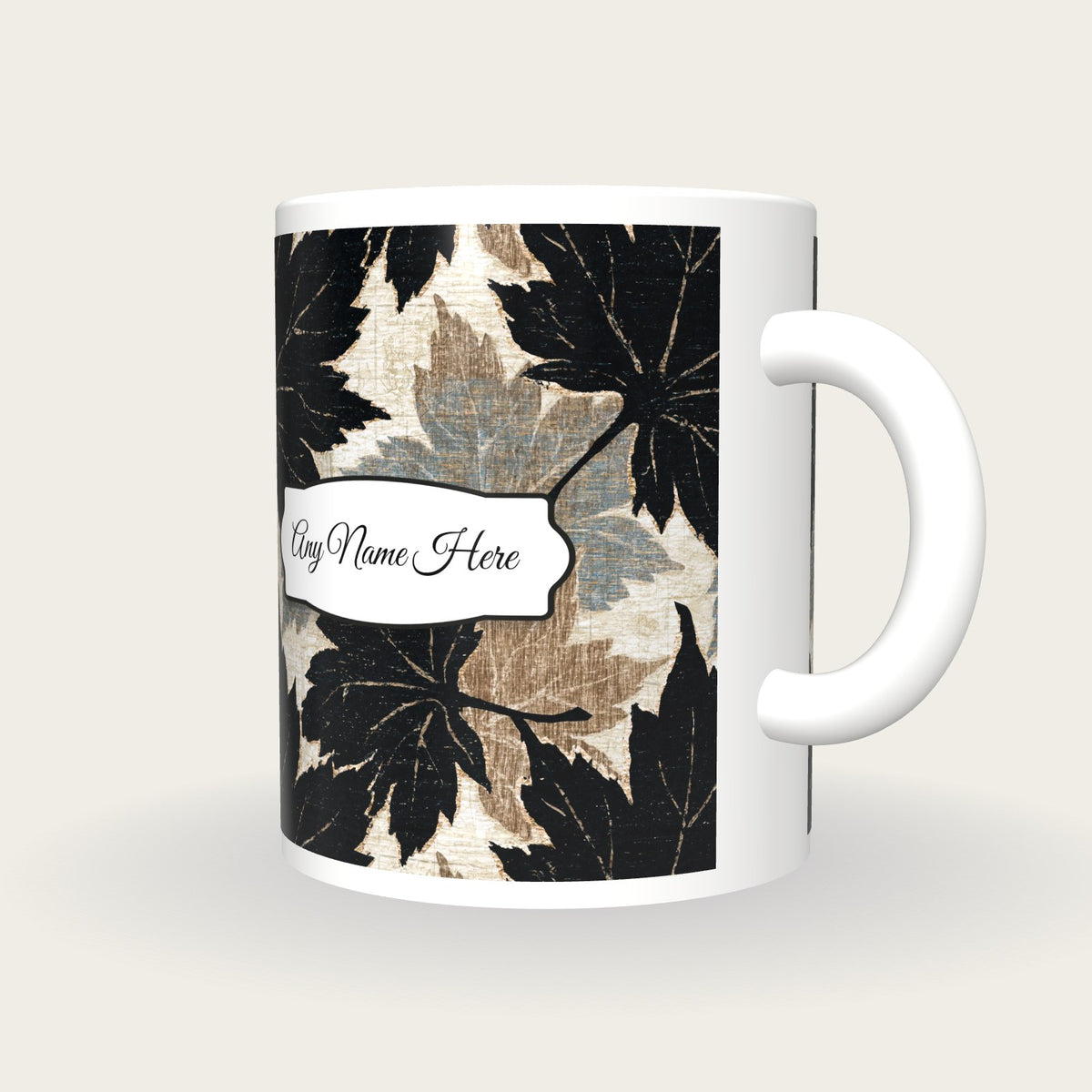 Woodcut Maple Leaves Name Mug, three-quarter view