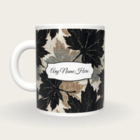 Woodcut Maple Leaves Name Mug, back with the second name label