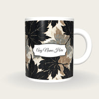 Woodcut Maple Leaves Name Mug, front with the name label