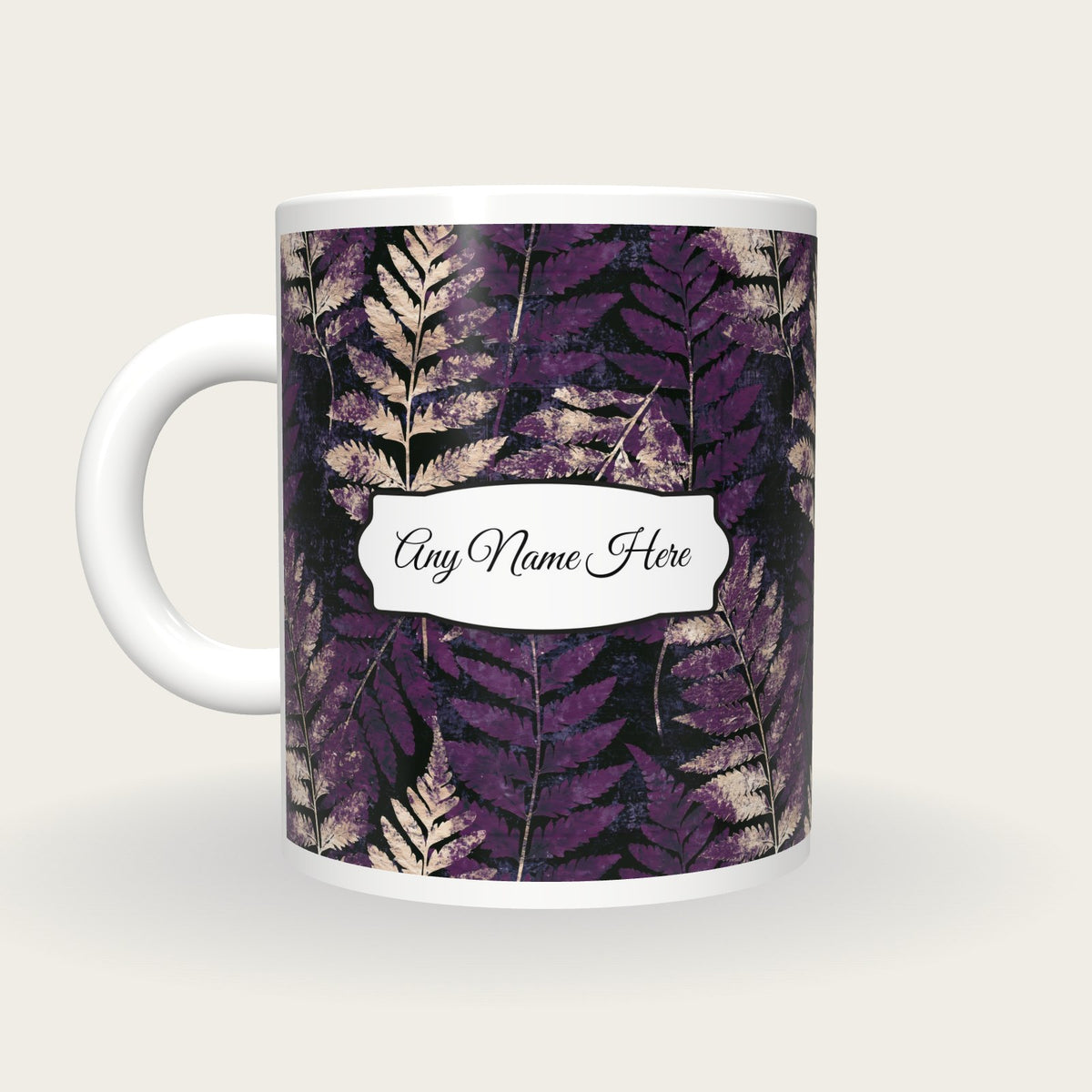 Blueprint Fern Abstract Name Mug, back with the second name label
