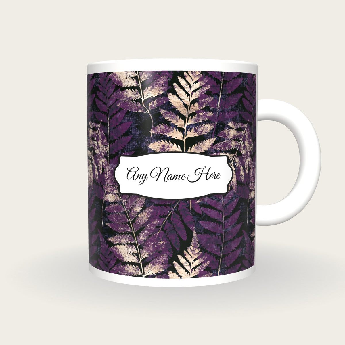 Blueprint Fern Abstract Name Mug, front with the name label