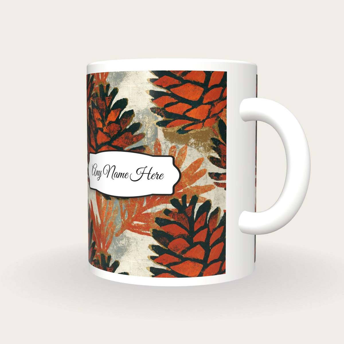 Lithograph Pine Cones Name Mug, three-quarter view