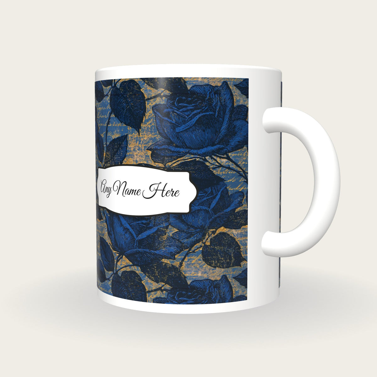 Woodcut Climbing Roses Name Mug, three-quarter view