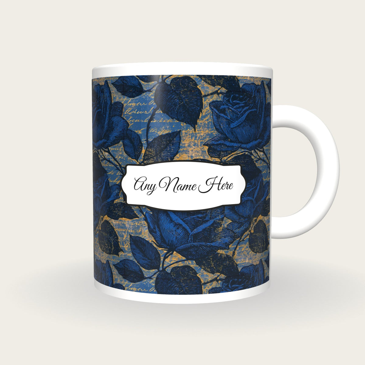 Woodcut Climbing Roses Name Mug, front with the name label