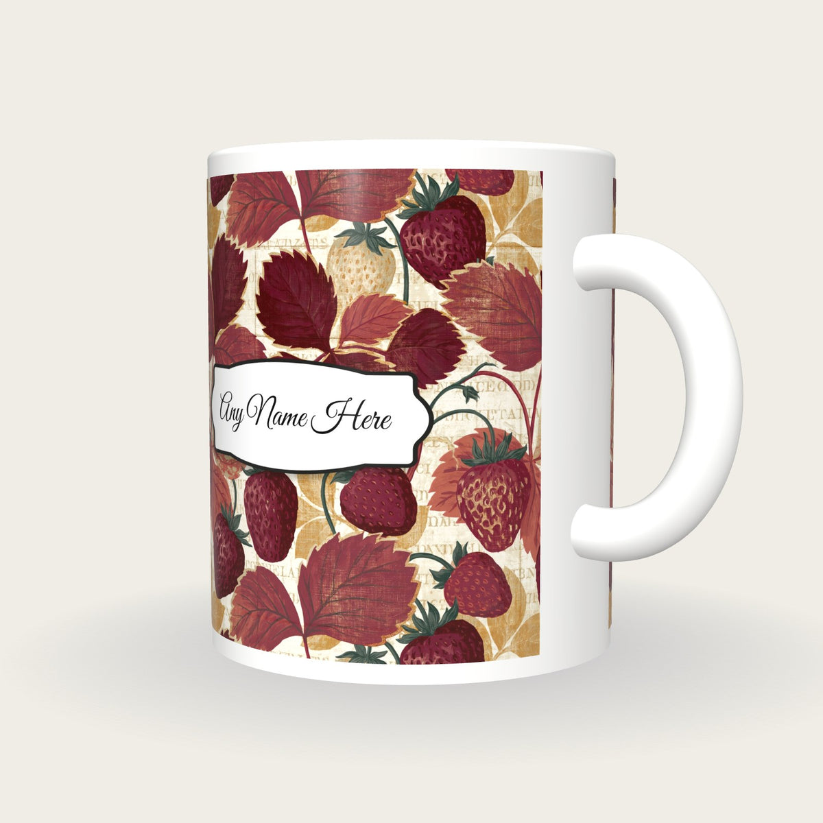 Naturalist Strawberries Mulled Name Mug, three-quarter view