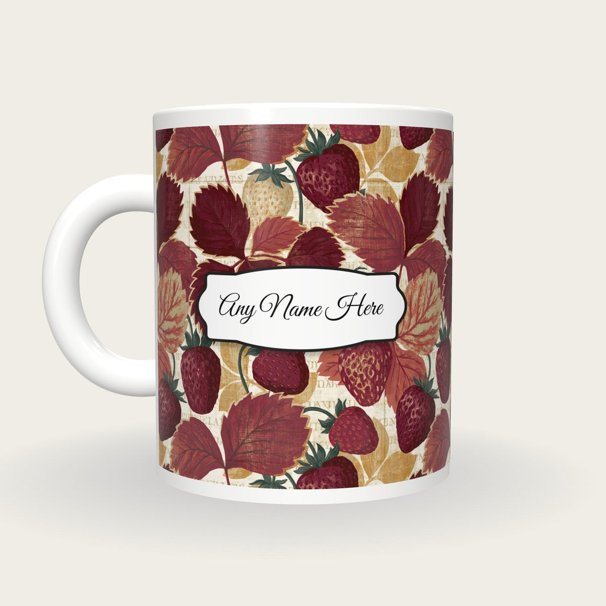 Naturalist Strawberries Mulled Name Mug, back with the second name label