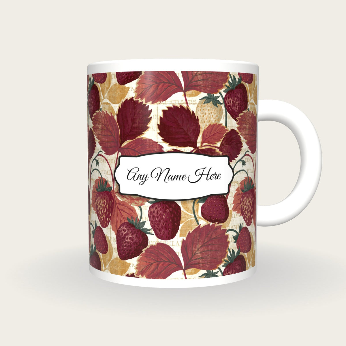 Naturalist Strawberries Mulled Name Mug, front with the name label