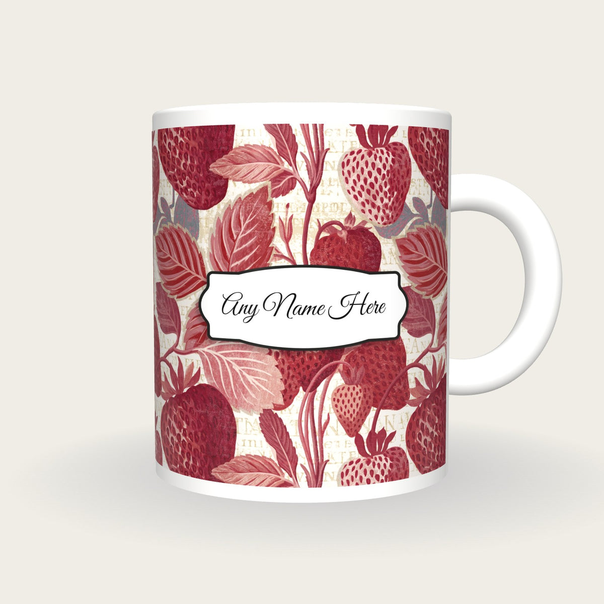 Naturalist Strawberries Mulled Name Mug 3, front with the name label
