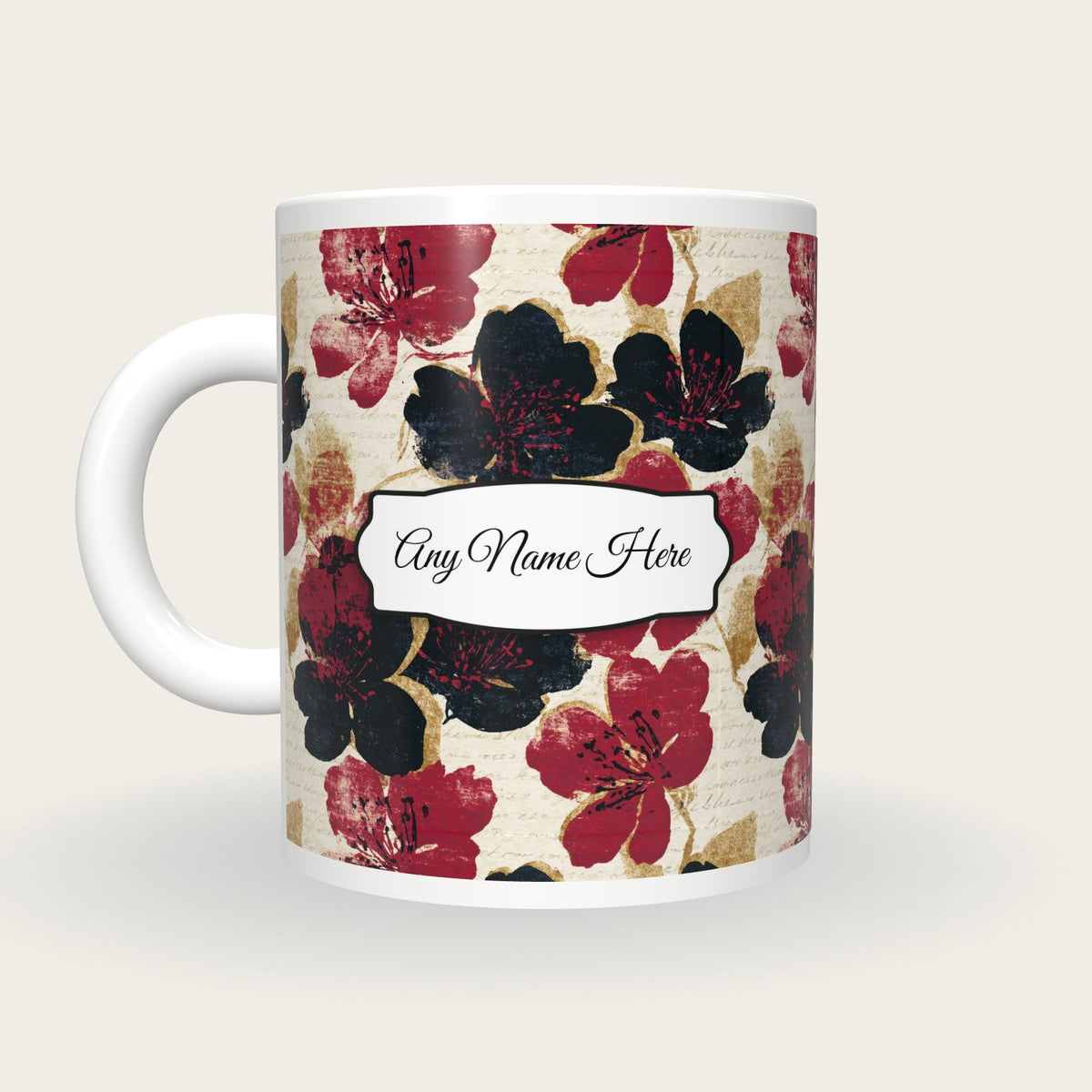 Risograph Pear Blossom Name Mug, back with the second name label