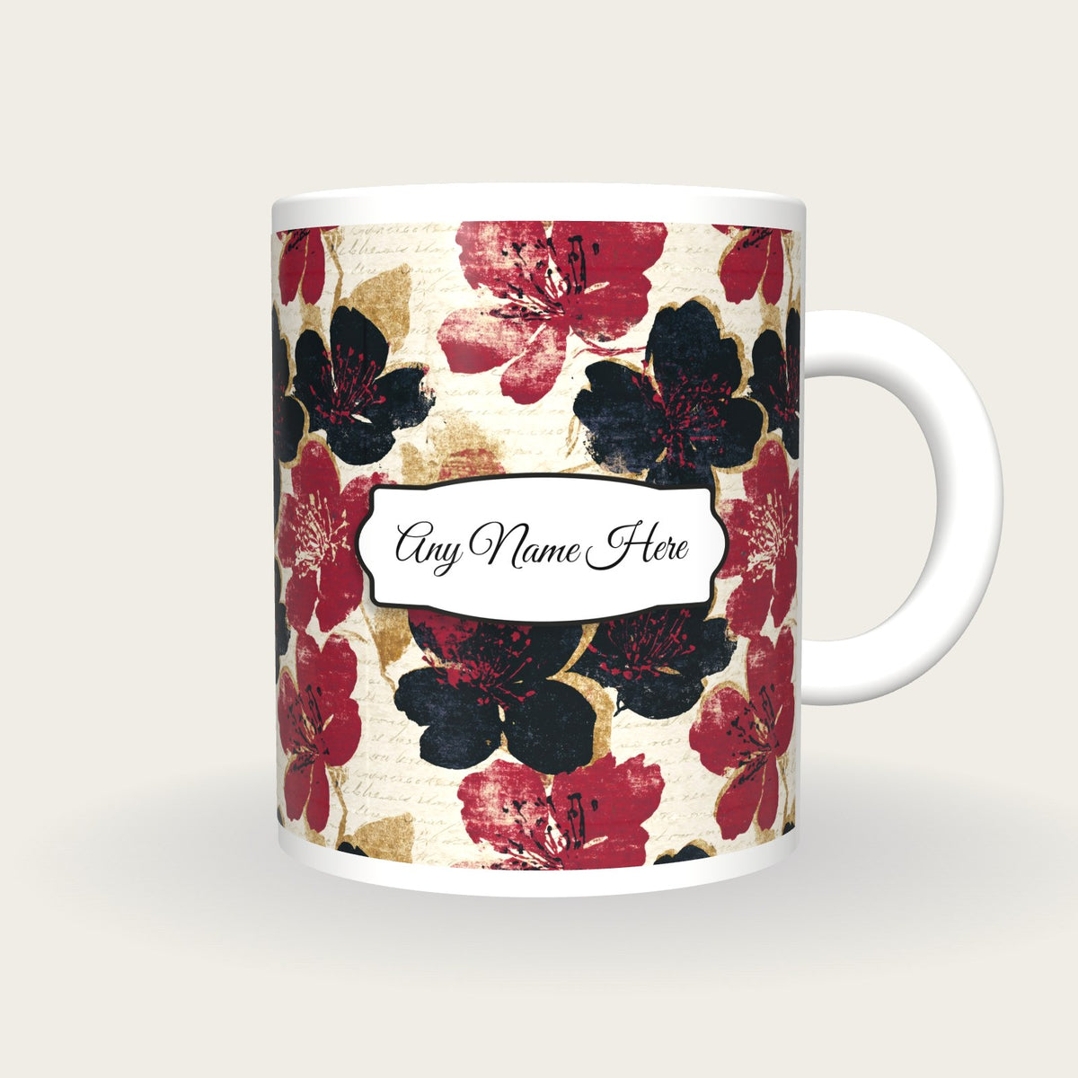 Risograph Pear Blossom Name Mug, front with the name label