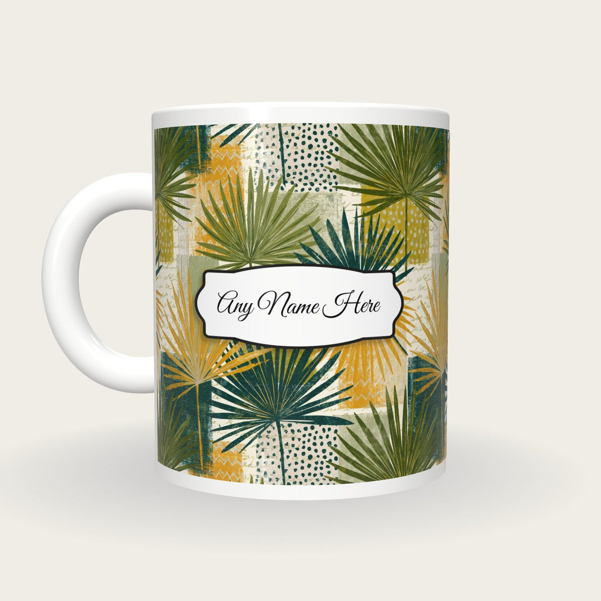 Memphis Neon Palms Name Mug 2, back with the second name label