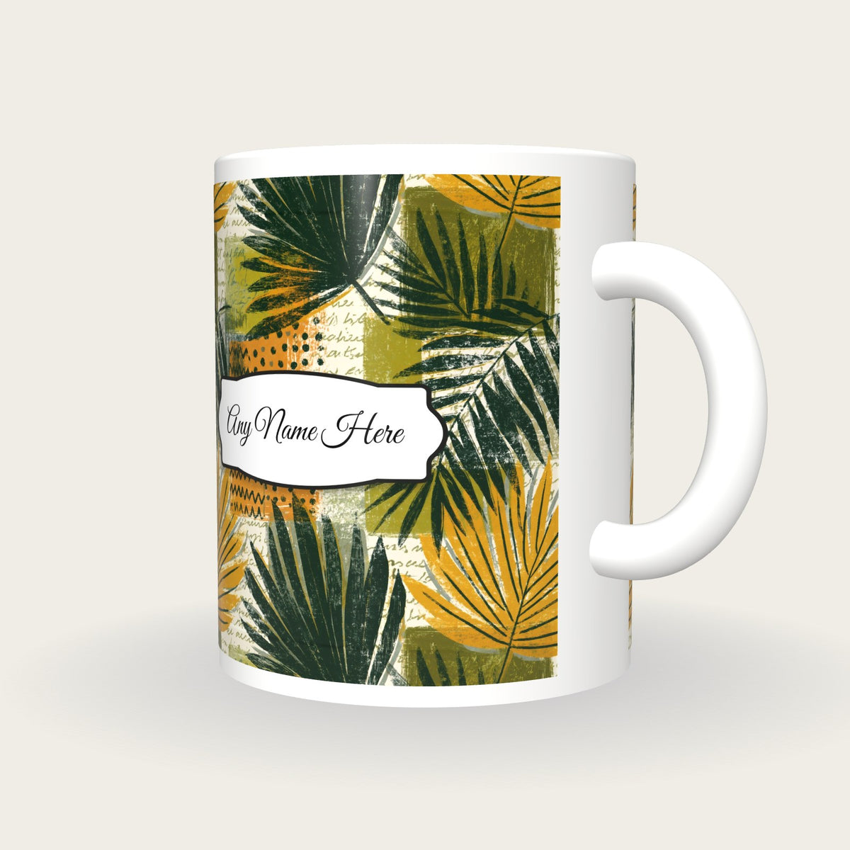 Memphis Neon Palms Name Mug, three-quarter view