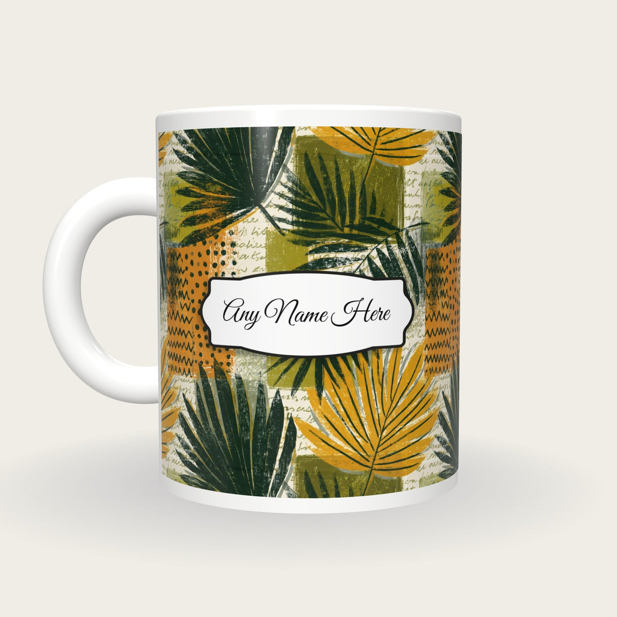 Memphis Neon Palms Name Mug, back with the second name label