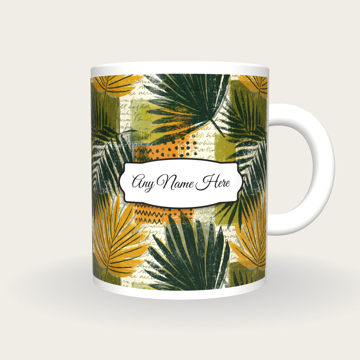 Memphis Neon Palms Name Mug, front with the name label