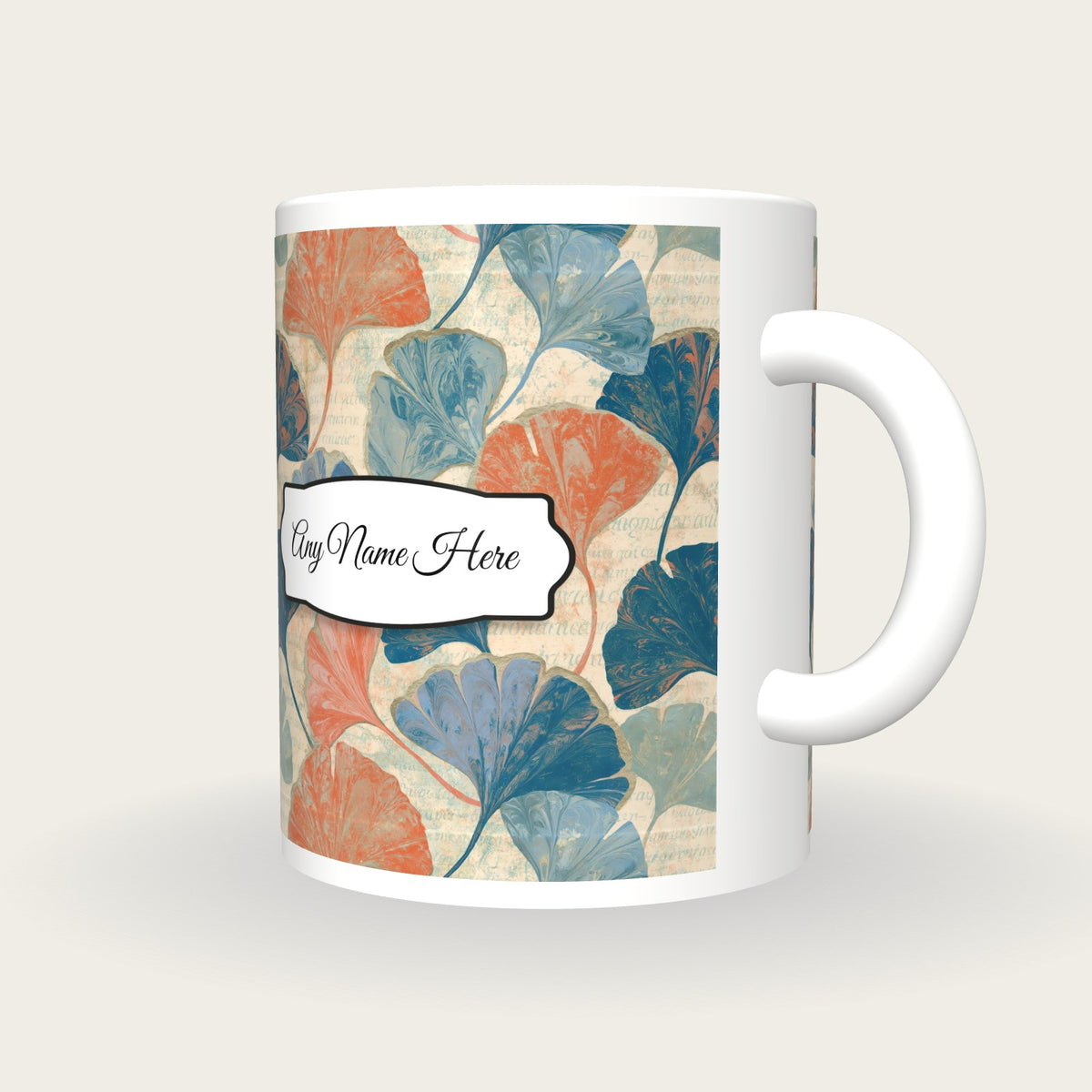 Paper Marbling Gingko Name Mug, three-quarter view
