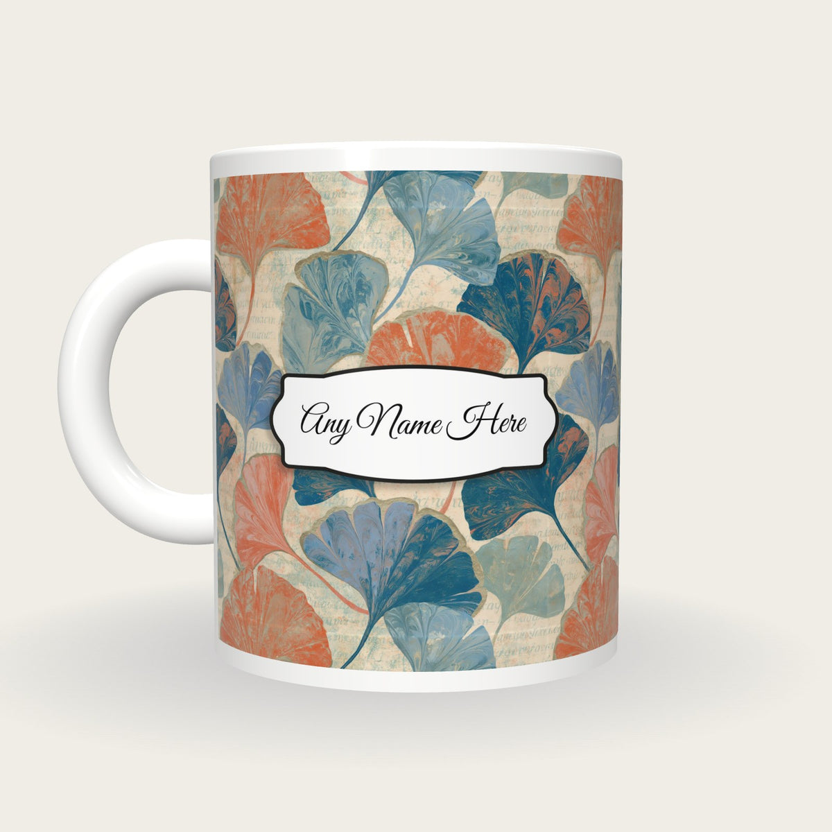 Paper Marbling Gingko Name Mug, back with the second name label