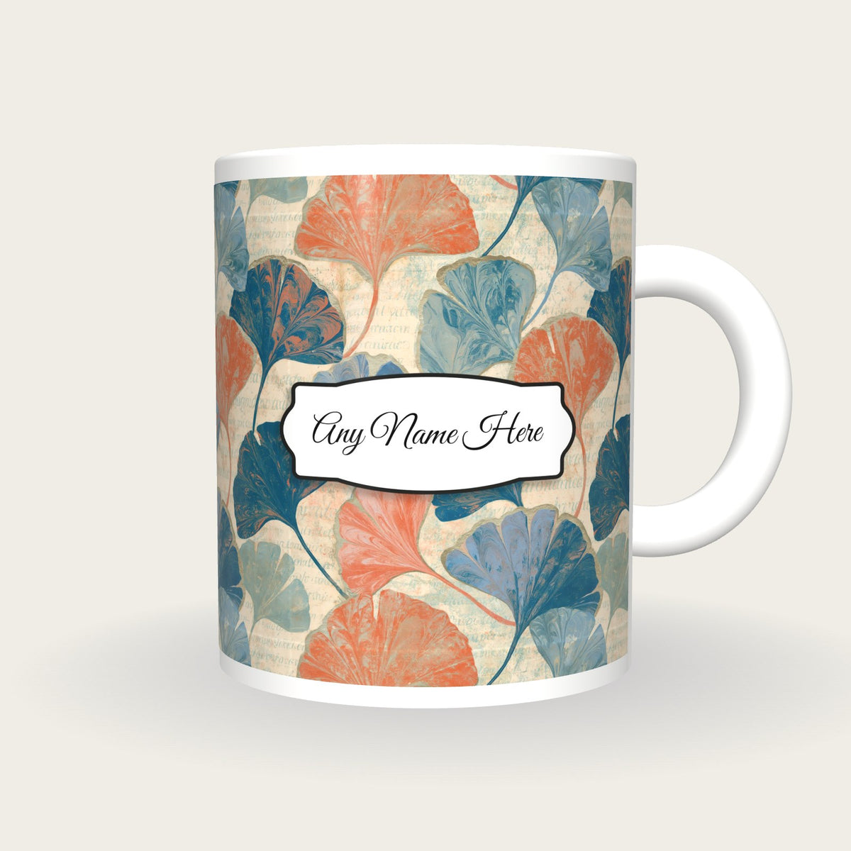 Paper Marbling Gingko Name Mug, front with the name label