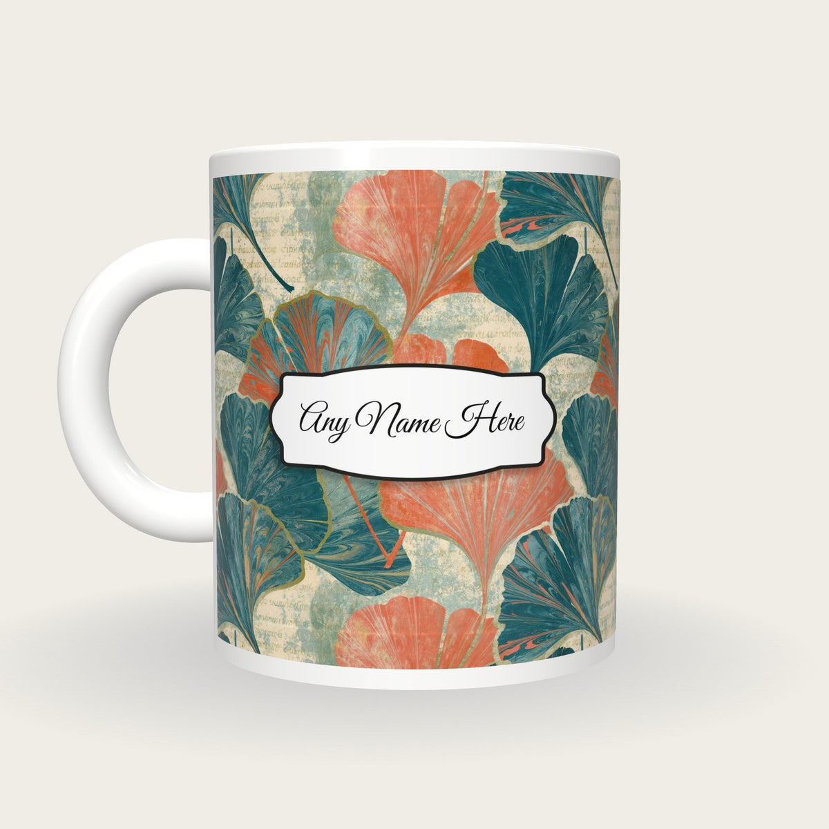 Paper Marbling Gingko Name Mug 2, back with the second name label