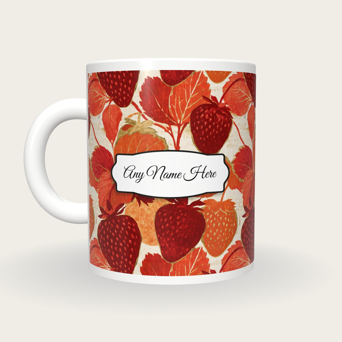 Torn Paper Strawberries Name Mug, back with the second name label