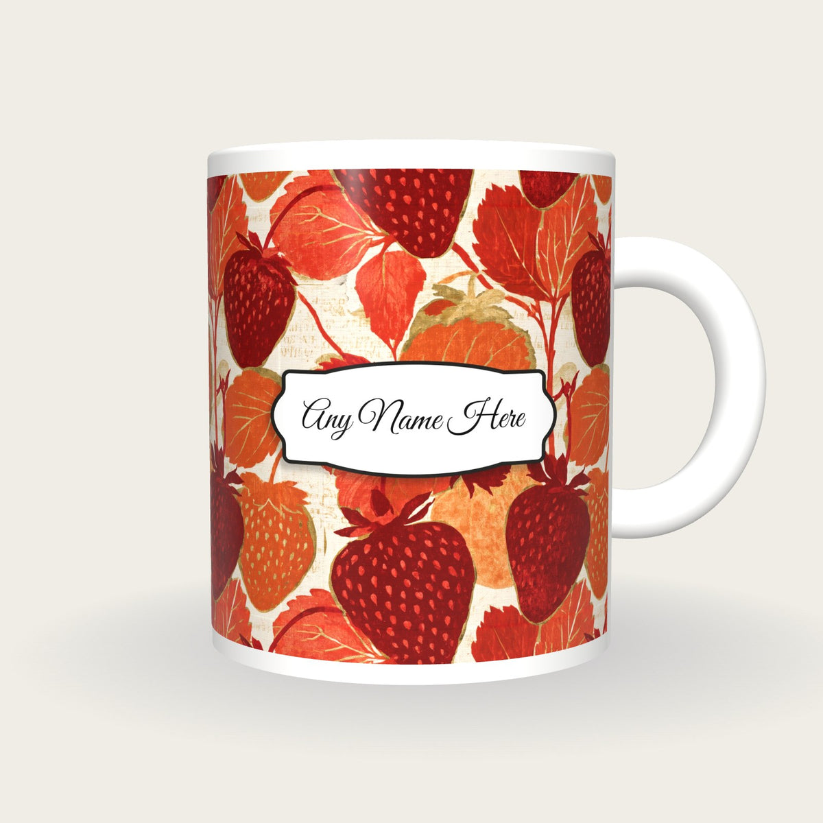 Torn Paper Strawberries Name Mug, front with the name label