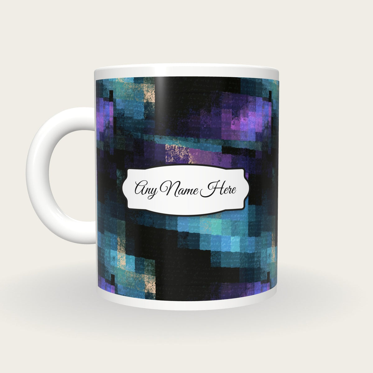 Pixel Cyan Abstract Name Mug, back with the second name label