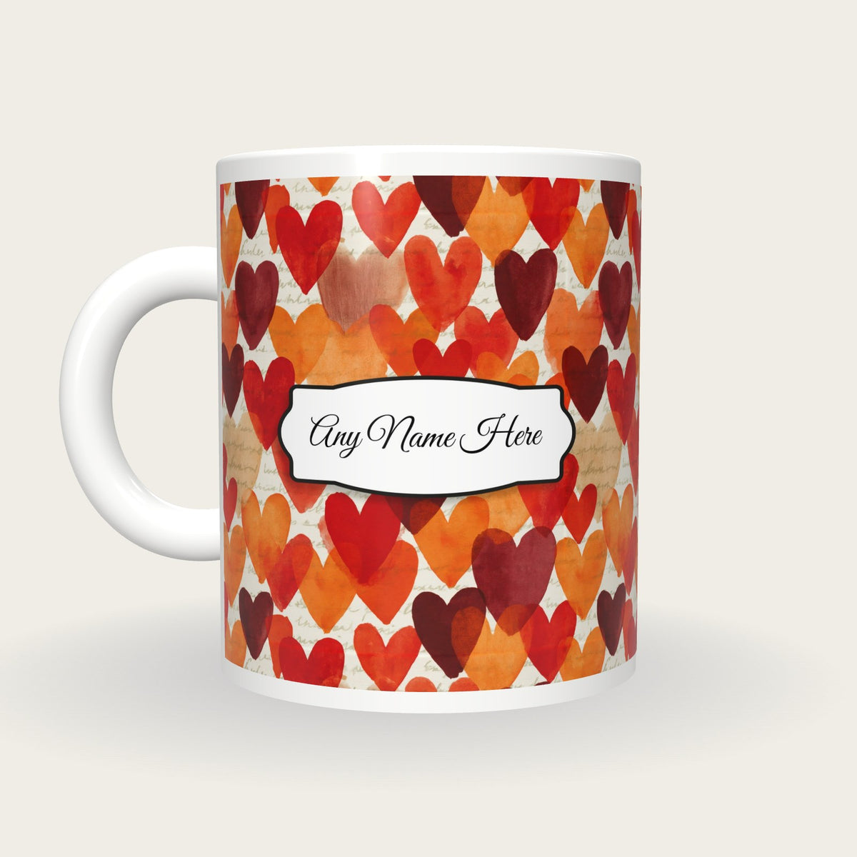 Watercolour Hearts Name Mug, back with the second name label