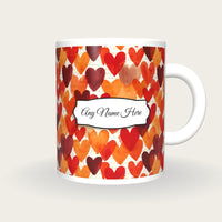 Watercolour Hearts Name Mug, front with the name label