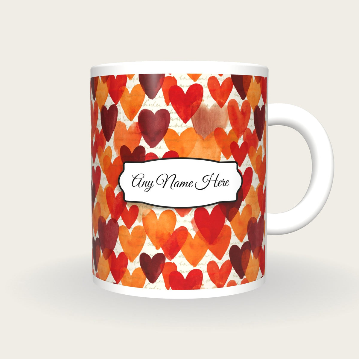 Watercolour Hearts Name Mug, front with the name label