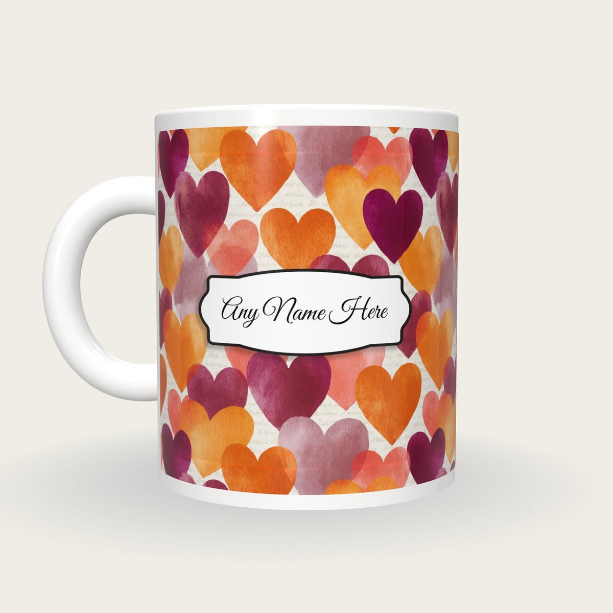 Watercolour Hearts Name Mug 2, back with the second name label