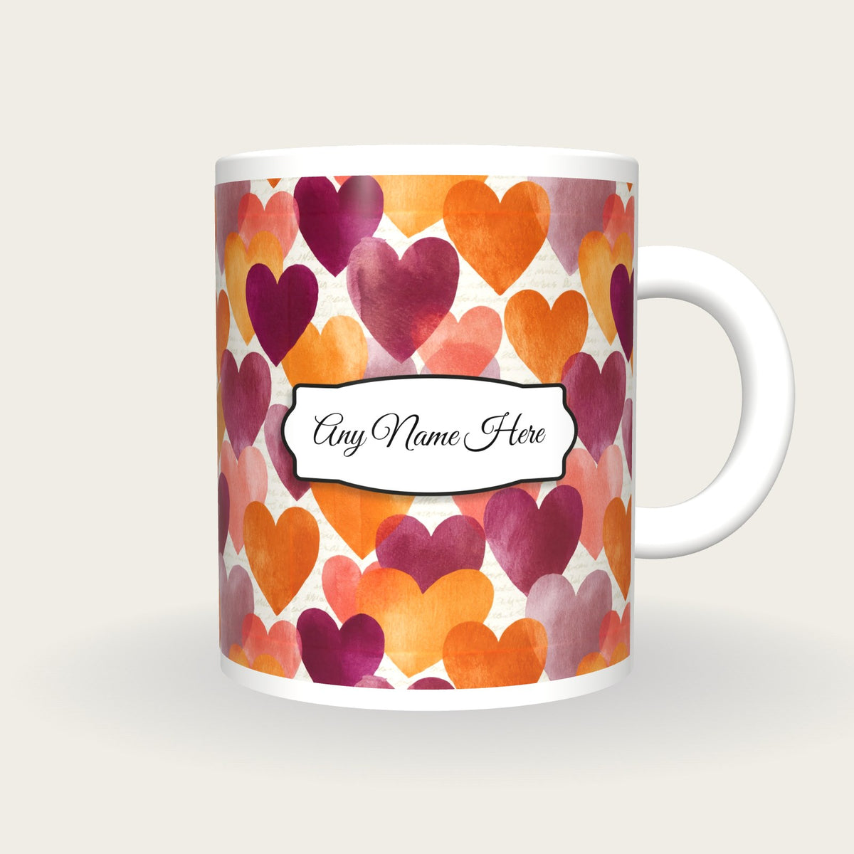 Watercolour Hearts Name Mug 2, front with the name label