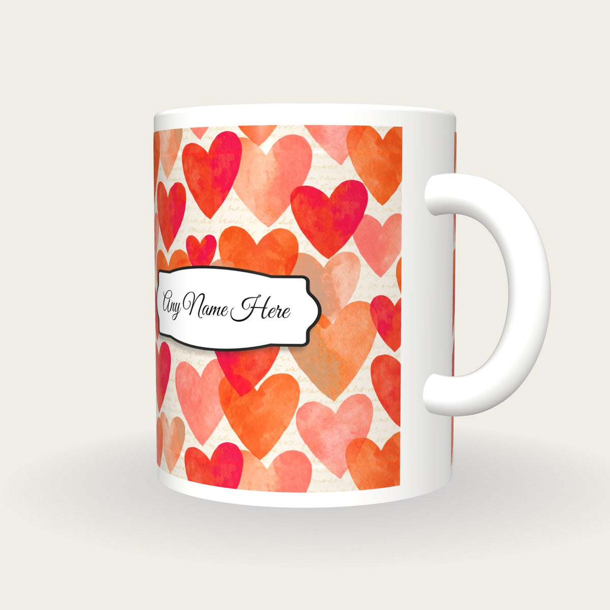 Watercolour Hearts Name Mug 3, three-quarter view