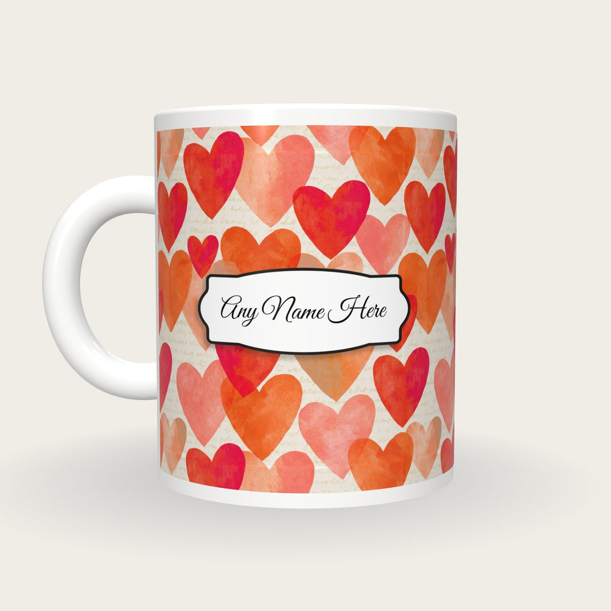 Watercolour Hearts Name Mug 3, back with the second name label