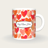 Watercolour Hearts Name Mug 3, front with the name label