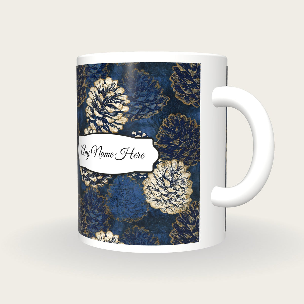 Scratchboard Pine Cones Name Mug, three-quarter view